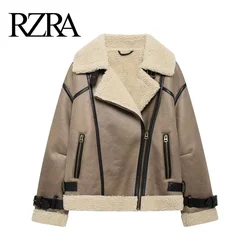 RZRA2024-Chaqueta de doble cara con dobladillo y correa de solapa para mujer, abrigo de piel de una pieza, moda y versátil, otoño e invierno, nuevo