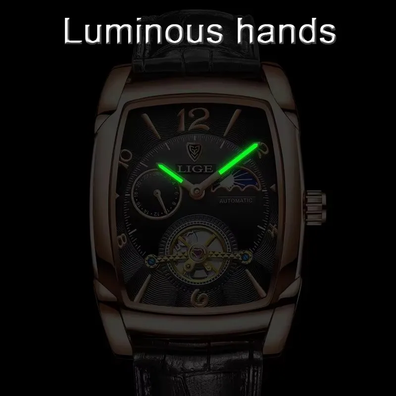 LIGE лучший бренд класса люкс мужские часы квадратные автоматические часы для мужчин часы с турбийоном из натуральной кожи водонепроницаемые механические часы