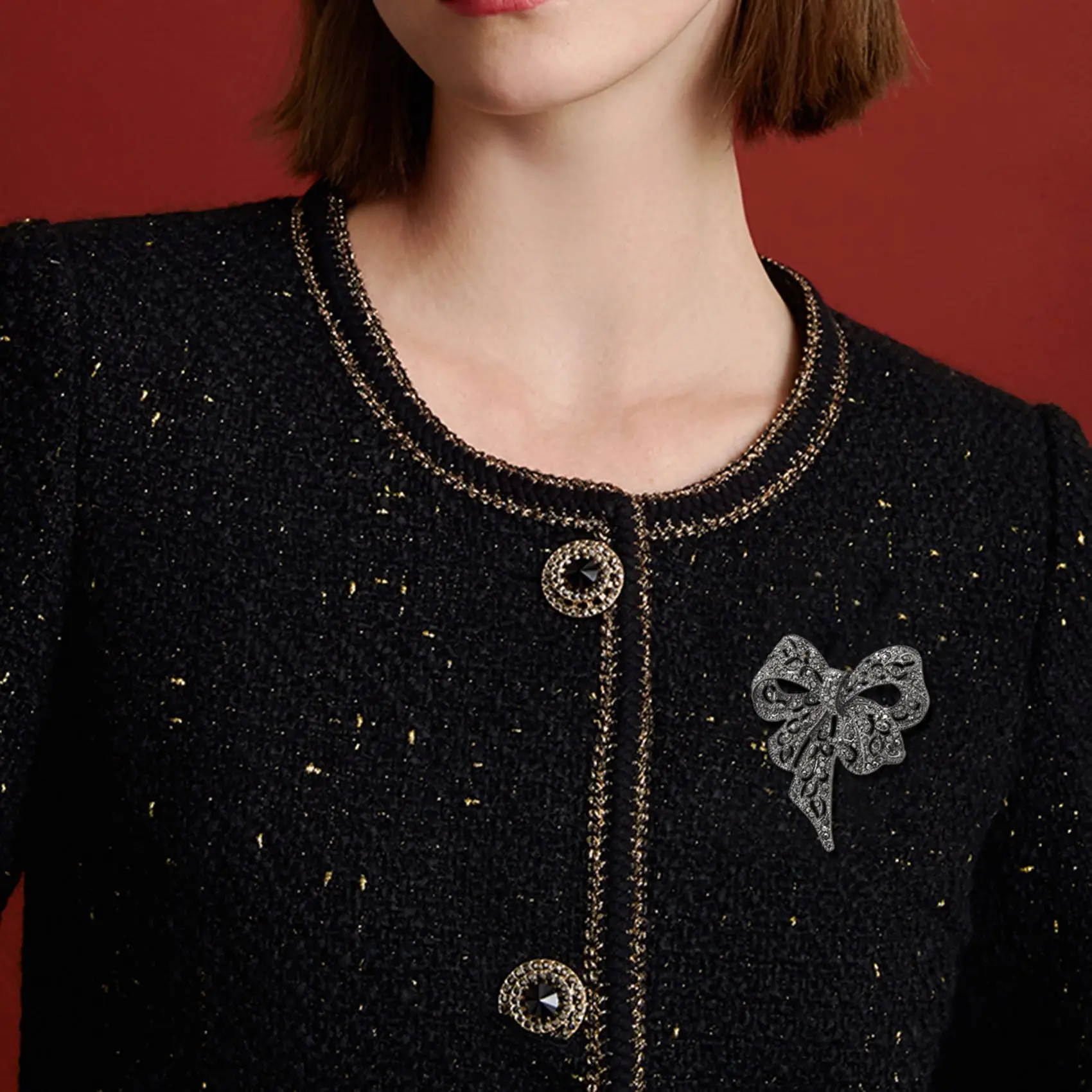 AOAO-خمر حجر الراين القوس دبابيس للنساء الأسود Bowknot بروش دبوس معطف الملحقات نمط أنيق #4