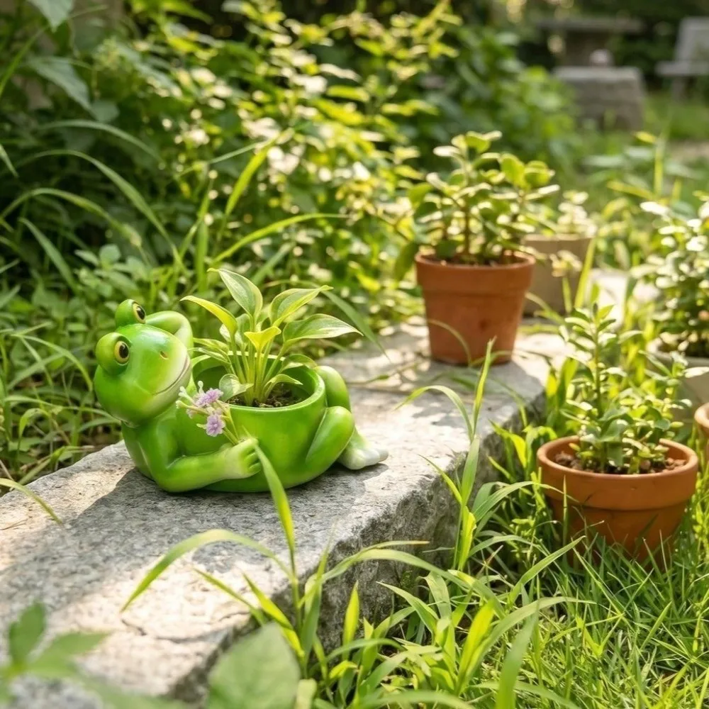 Flower Planter Resin Frog Flower Pot Cartoon with Drainage Hole Plant Holder Decorative Lying Frog Figurine Garden