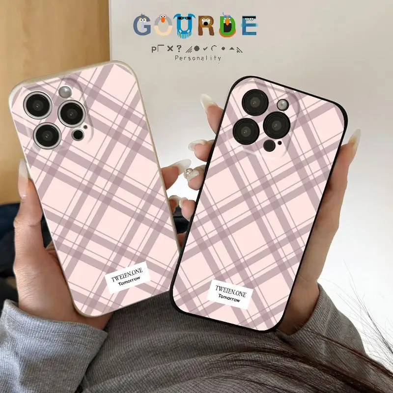 

Gourde Premium Sweet Girl Pink Grid Patterns Soft Silicone Phone Case for Iphone 16 15 14 12 13 11 Pro Max 7 8 Plus X Xs Xr Max