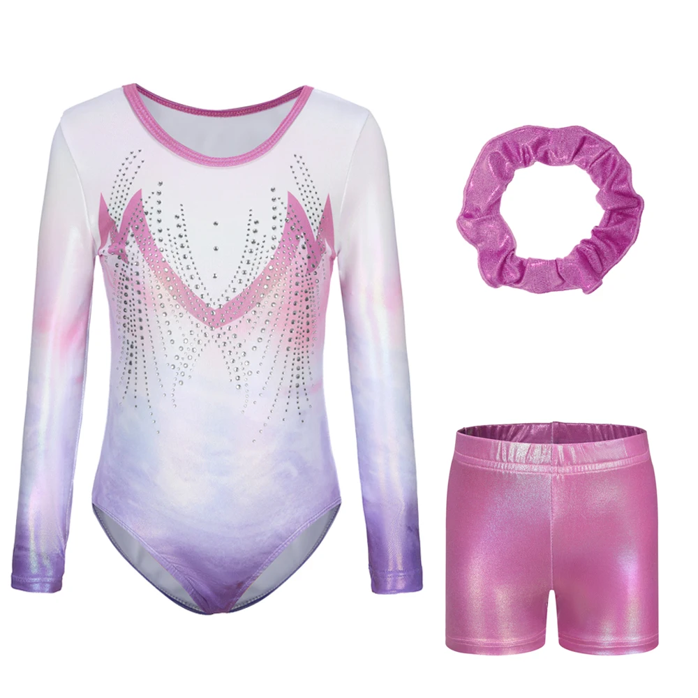 Hot Bambini Ragazze Bambini Blu Rosa Viola Manica lunga Ginnastica ritmica Body con pantaloncini Set Abiti Tute Tute