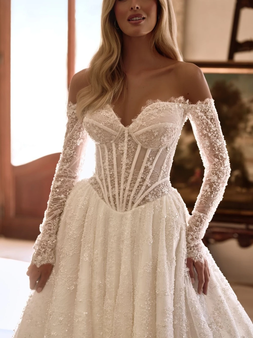 Princess Off-Shoulder Lace Sequined Wedding Gown Luxe Corset Long Sleeved Bridal Dress With Train For Dreamy Weddings Customized