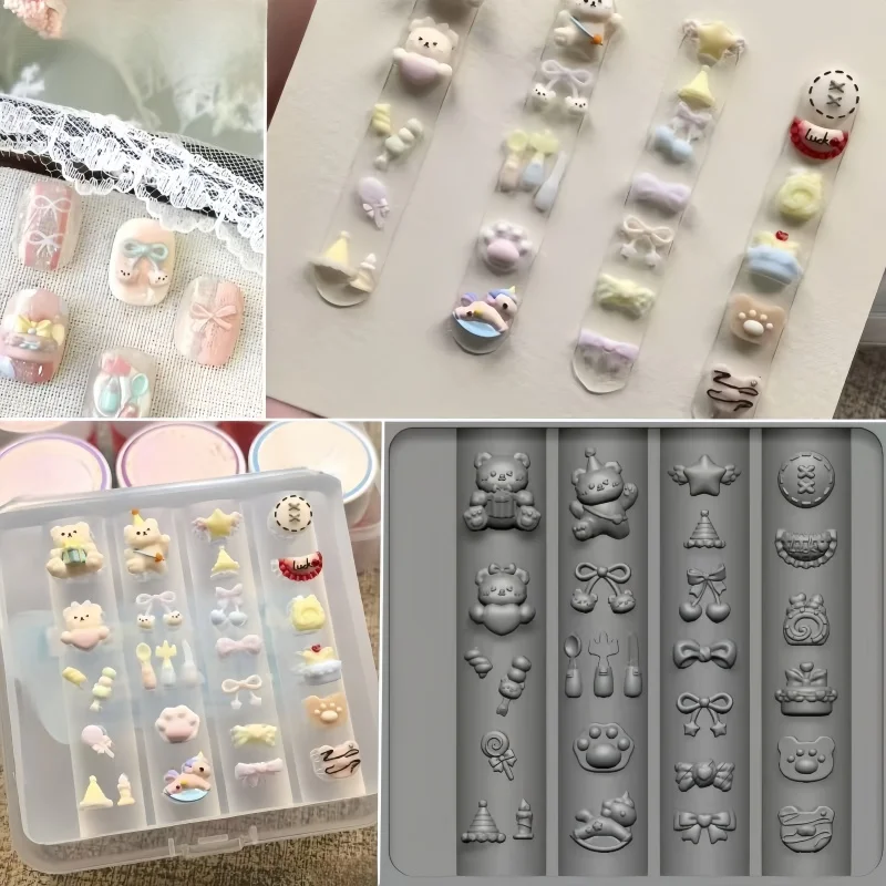 1 PC Silicone Nail Molds Bowknot Bear Cartoon Tableware For Outings Dessert Party Cute DIY Art Decorations Transparent Nail Mold