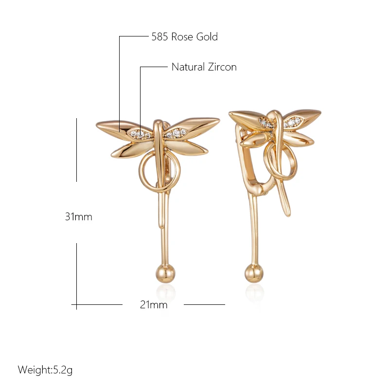 Wbmqda New Glossy Dragonfly Dangle Earrings For Women 585 Rose Gold Color Natural Zircon Setting Simple Trendy Jewelry Gifts