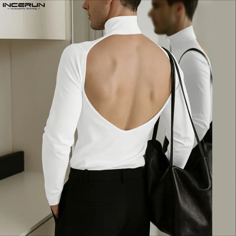 

INCERUN Men T Shirt Solid Color Turtleneck Long Sleeve Hollow Out Backless Male Tee Tops Streetwear Fashion Casual Men Clothing