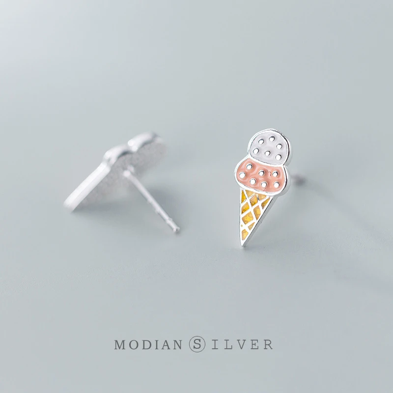 MODIAN Summer New Food Ear Pin dla kobiet Prawdziwe srebro próby 925 Kolorowa emalia Kolczyk w kształcie lodów Drobna biżuteria Prezent dla dzieci — zdjęcie 5