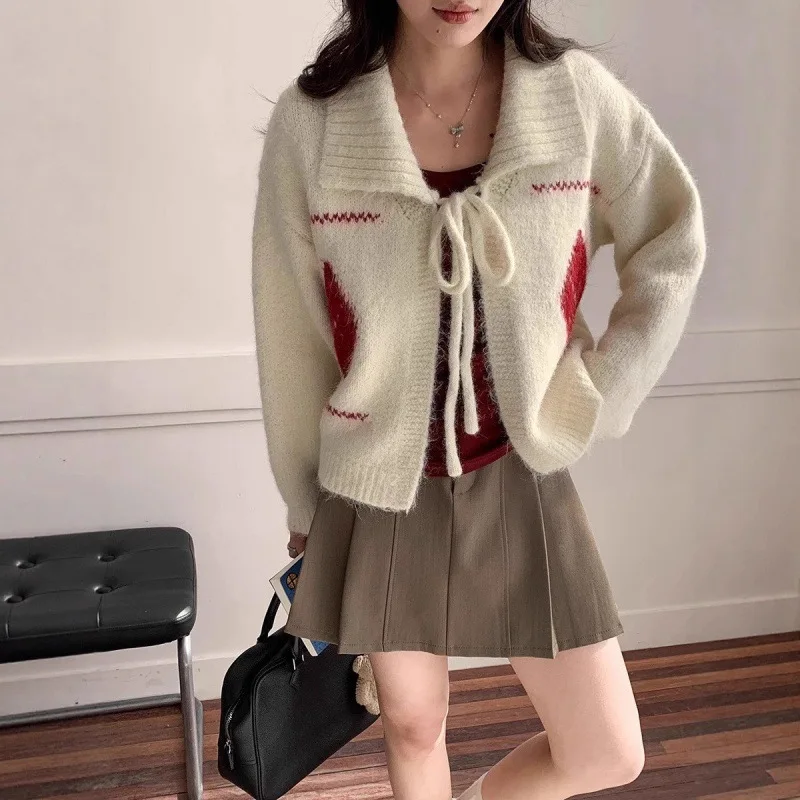 

Collar Tied Sweater Jacket for Women's Autumn and Winter New Korean Loose and Versatile Long Sleeved Knitted Cardigan