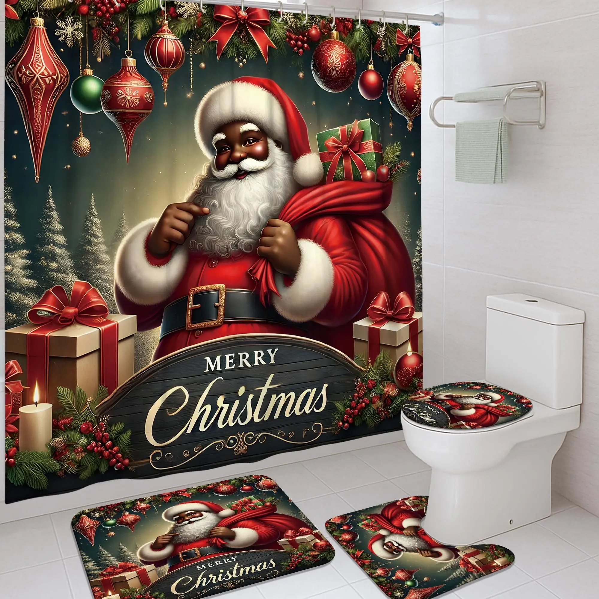 

4 шт., набор занавесок для душа с Рождеством и подарочным шаром Санта-Клауса, 12 крючками, ковриком для ванной, U-образным чехлом для унитаза, праздничным декором для ванной комнаты