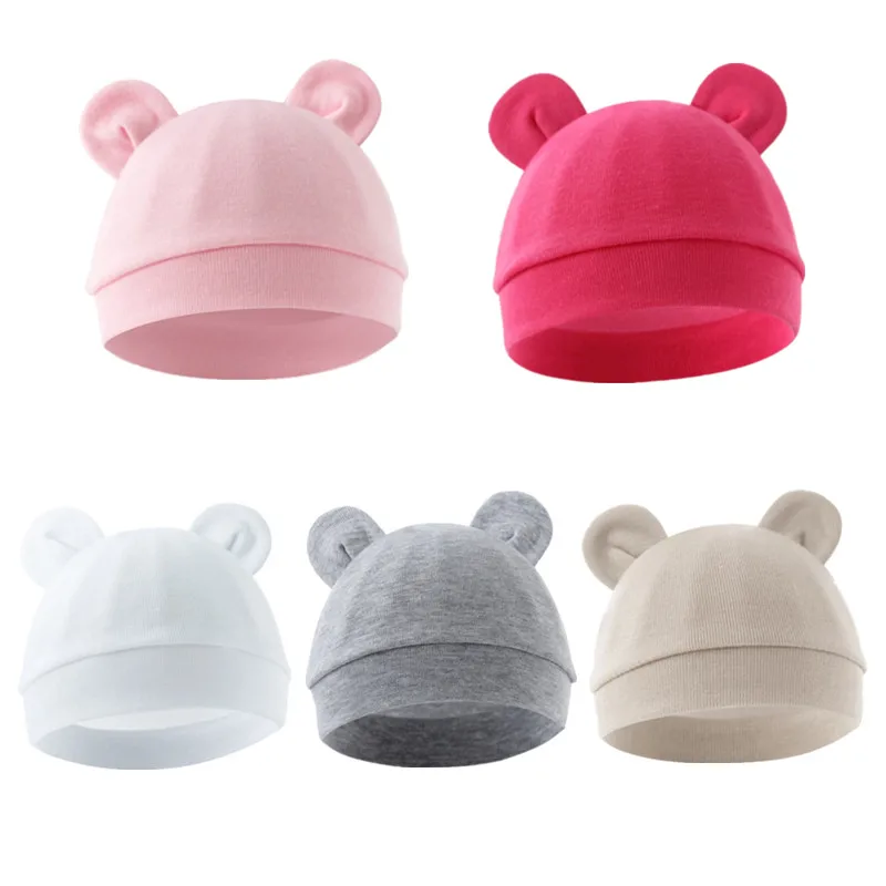 Solid Color Thin Baby Nursery Beanie Cartoon Bear Ear Cotton Newborn Fetal Bonnet For 0-3 Months Baby Hat Baby Accessories