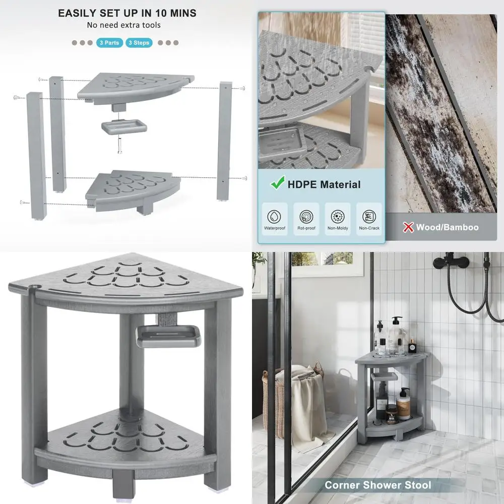 

Grey Anti-Slip Shower Seat with Storage Shelf, Soap Holder, and Leg Rest for Small Showers