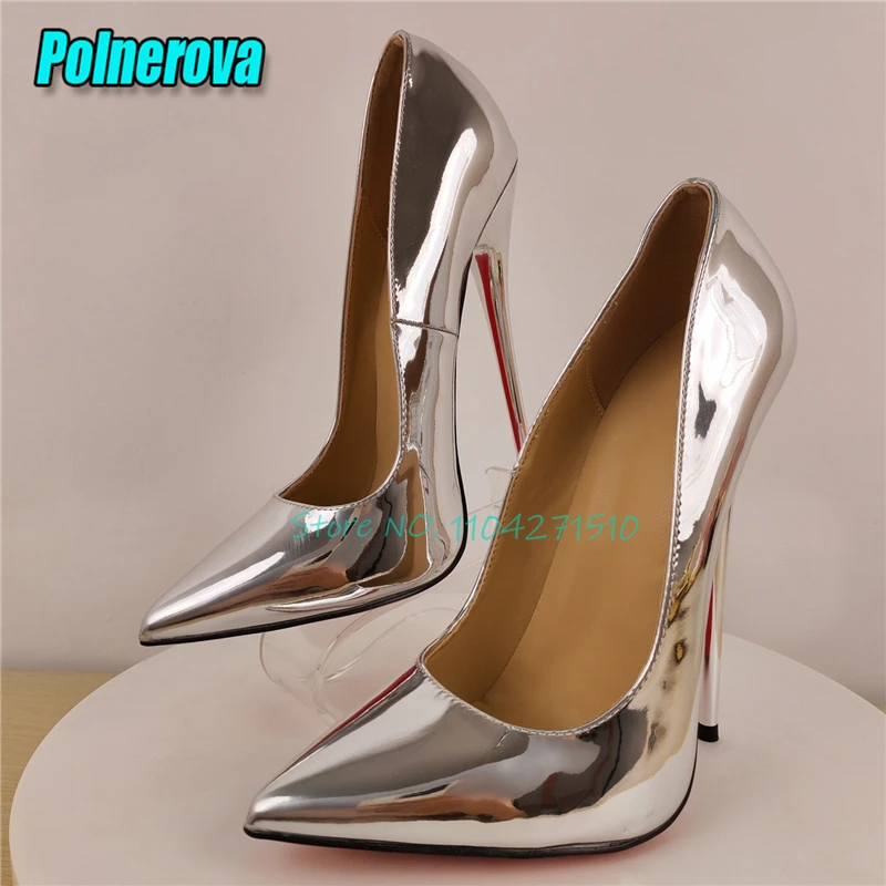 Silver 14CM/16CM Super High Heels for Women Sexy Pointy Toe Shallow Patent Leather Thin Heel Pumps Fashion Elegant Wedding Shoes