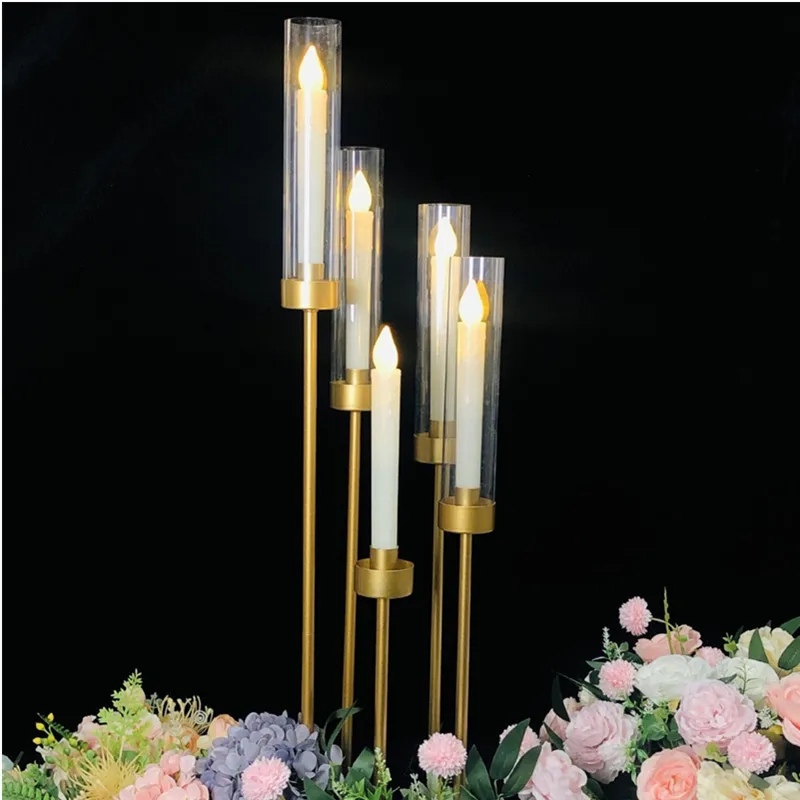 Floor Candelabra 5 Arm Gold Candle Holder, Candelabra Centerpieces for Tables, Metal Candlestick Set with Acrylic cover