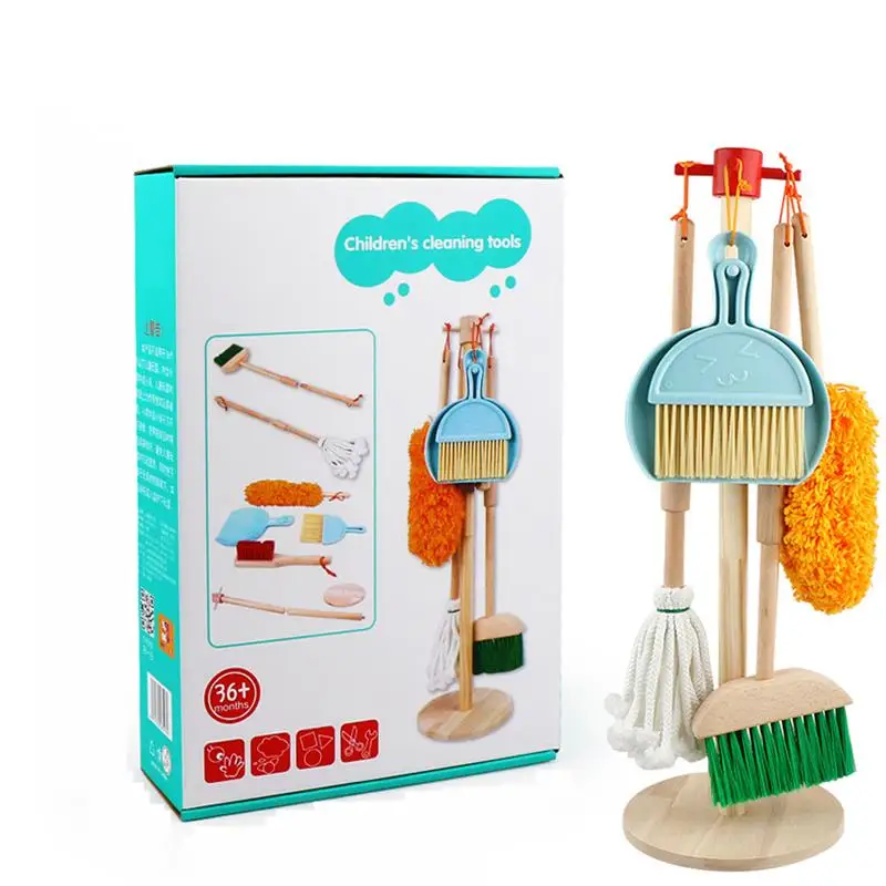 Wooden Detachable Cleaning Set Kids  Toys 6 Piece Hanging Stand Play Kitchen Tools For Children Gift