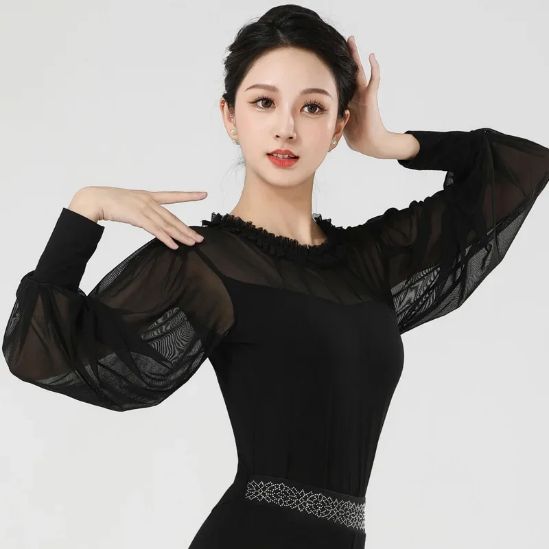 Abbigliamento da ballo da donna latino sexy top in rete maniche lunghe tuta da ballo sala da ballo valzer della pancia linea classica nuovi pantaloni con strass