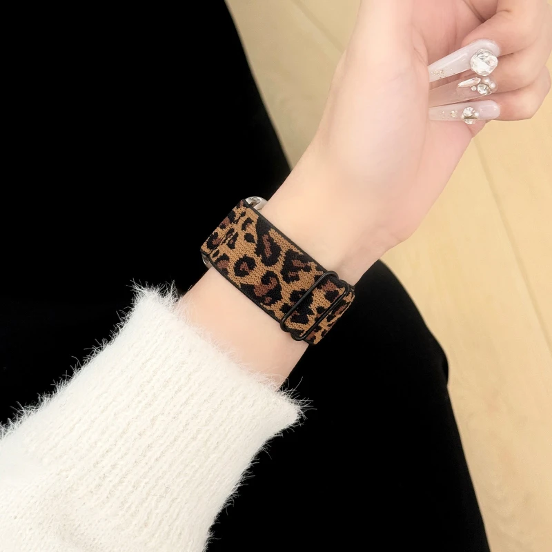 Weiches, atmungsaktives, elastisches Leopardenmuster-Armband für Apple Watch Band 38 mm 40 41 42 44 45 46 49 mm Nylonarmband iWatch 10 9 8 7 6 5