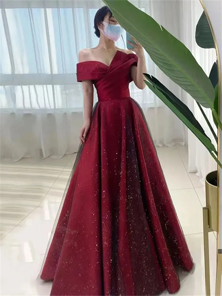 Elegant Dress for Women Burgundy Splicing Lace Sequin Strapless Long A-line Skirt Solid Color Evening Gown M392