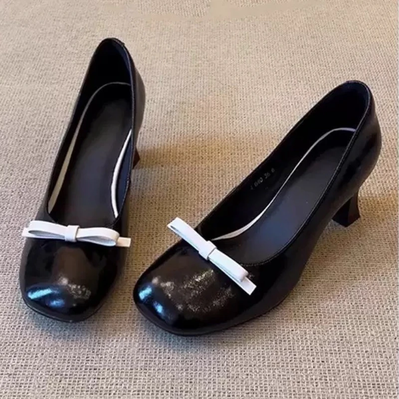 

Туфли Мэри Джейн на высоком каблуке с бантом в стиле ретро, женские дизайнерские туфли-лодочки, удобные туфли с круглым носком, элегантные офисные женские туфли Talons Femme