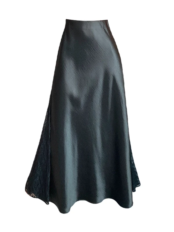 

Acetate satin fishtail women's summer new high-waisted slim-fitting hip lace splicing long skirt