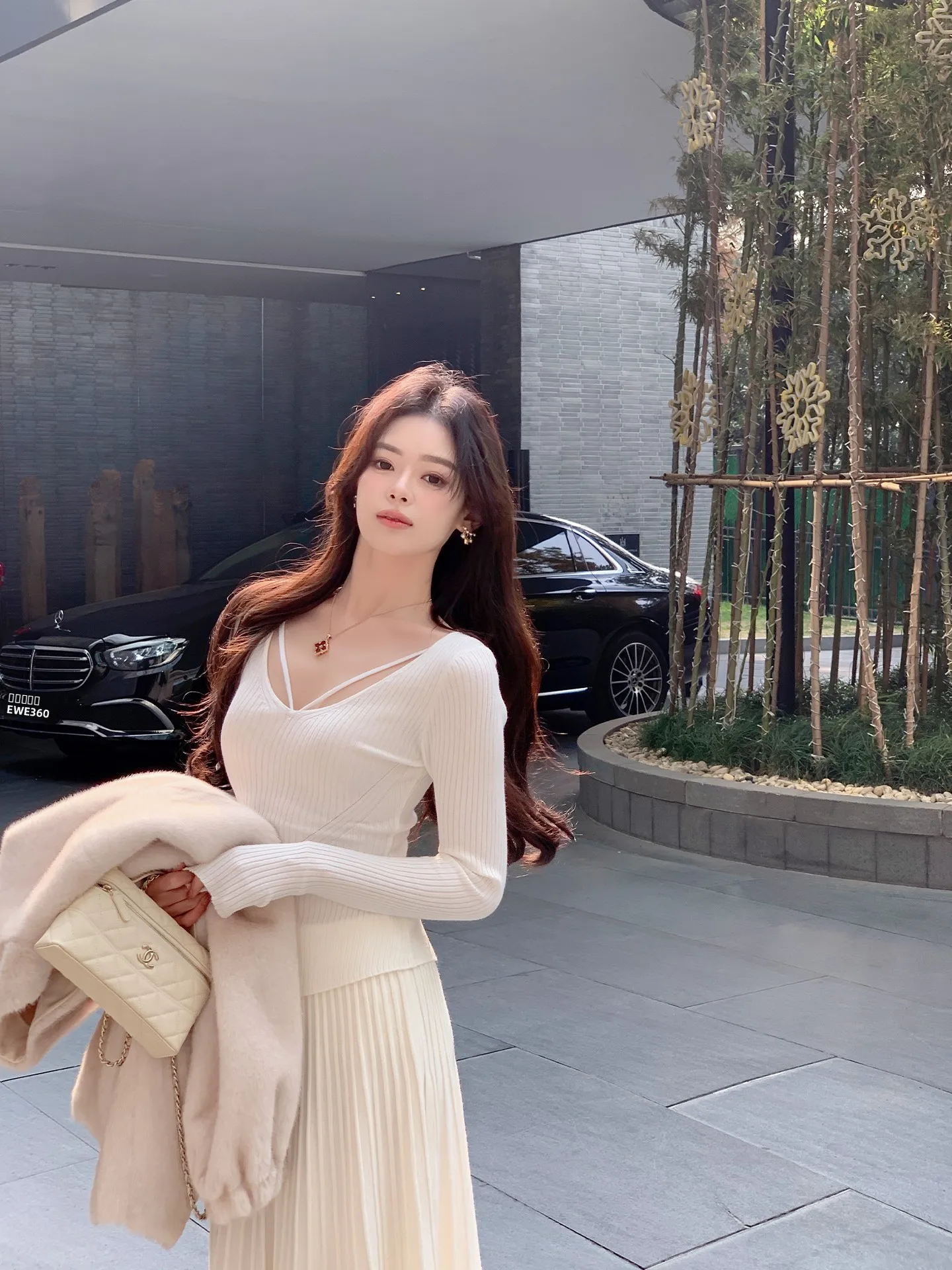 

ByYou Spring New White V-ne Rabbit Velvet Knitted Sweater Women's Top Long Sve Slim Fit Base irt Inner Wear Outerwear