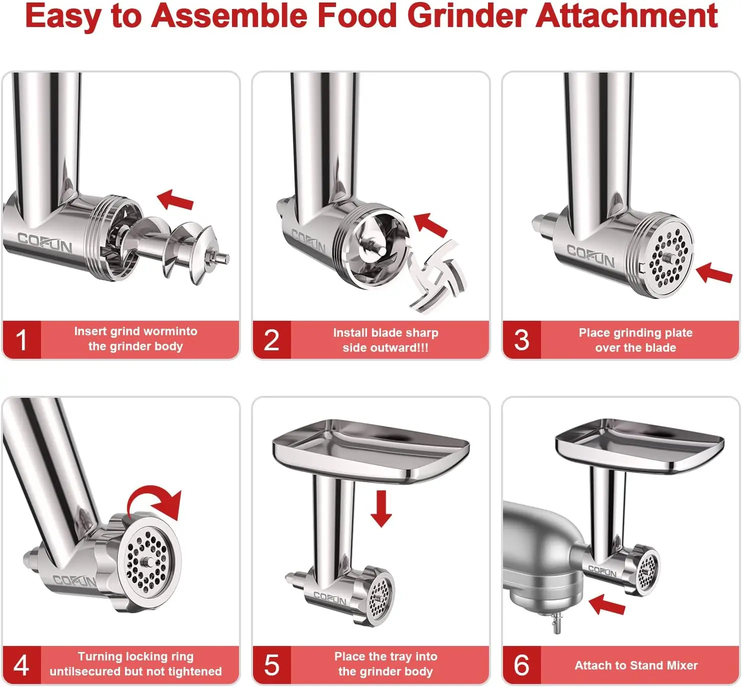 Stainless Steel Dishwasher safety Meat Grinder Attachment for Kitchenaid Mixer, Kitchenaid Meat Grinder with 3 Sausage Stuffer