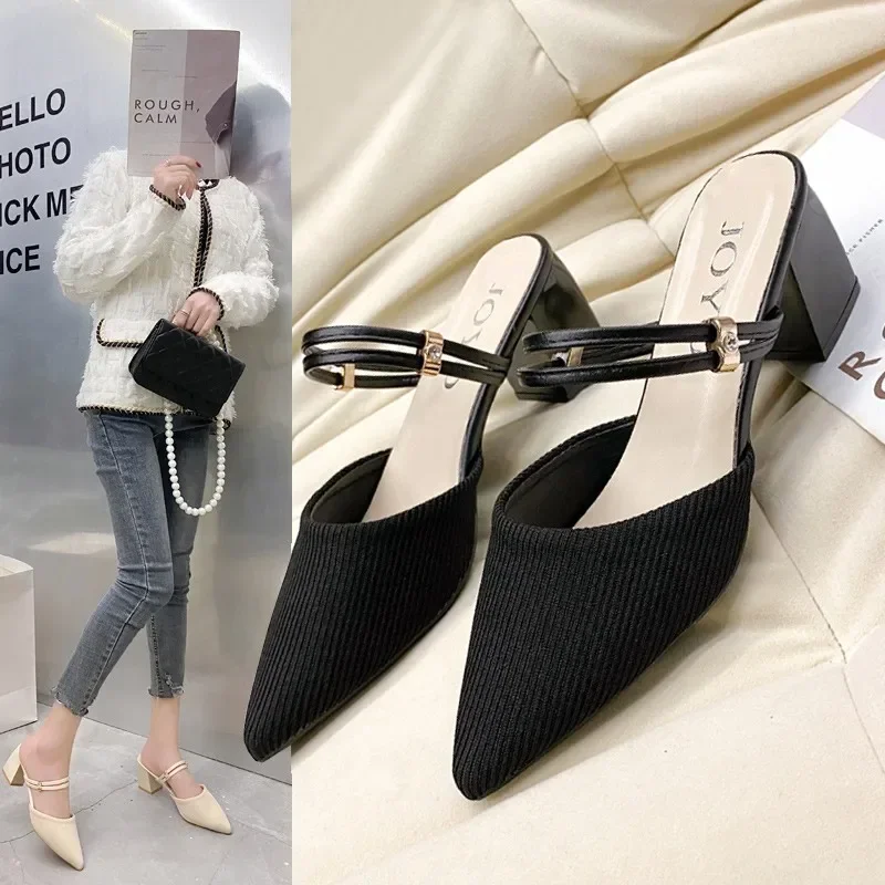 2024 New Fashion Solid Color Versatile and Comfortable Baotou Square Heel Outerwear Women\'s Slippers Best Selling Summer