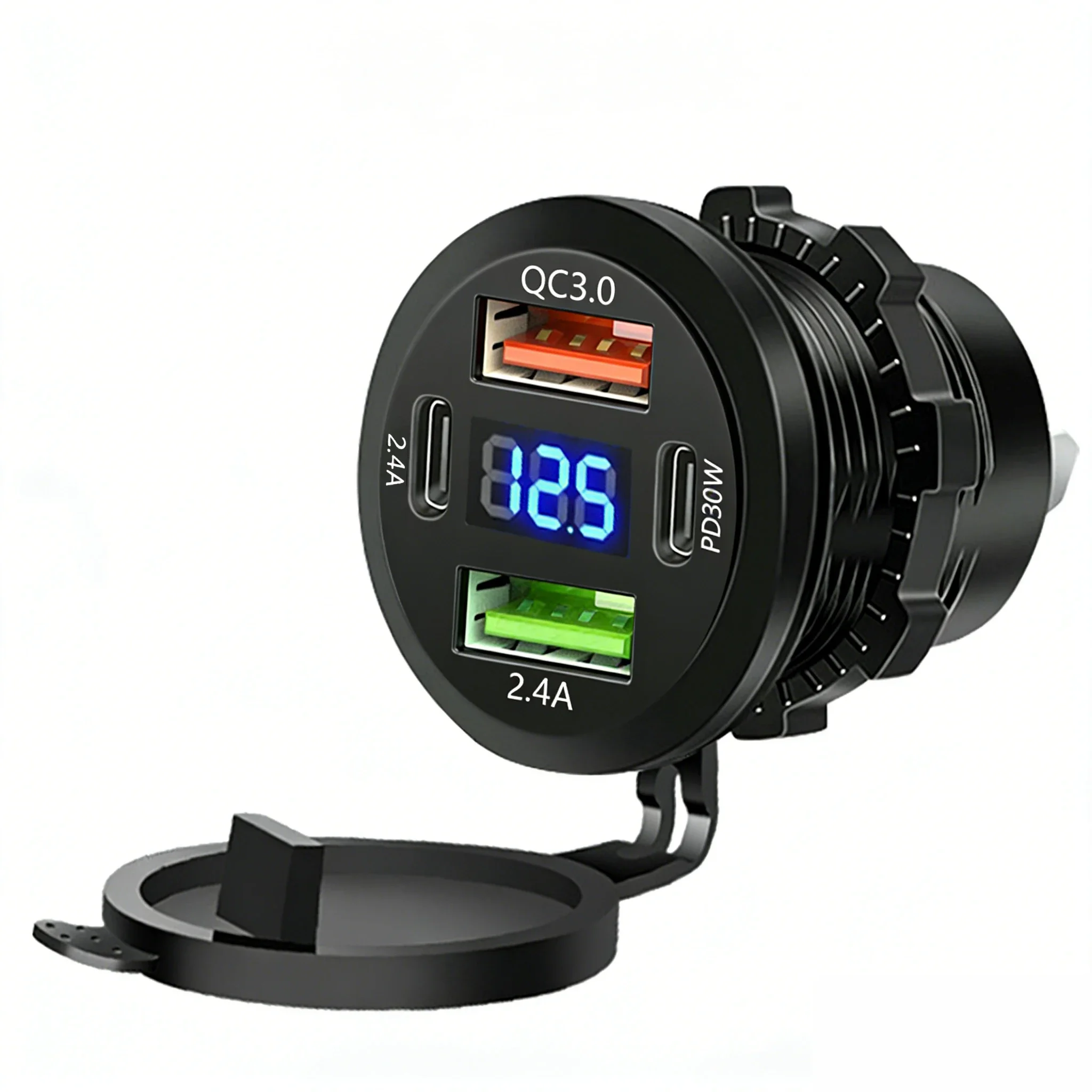 Car USB Charger Socket QC3.0 PD30W Car Quickly Charge Adapter Power Outlet with Voltmeter 12V/24V Waterproof for Motorcycle Boat