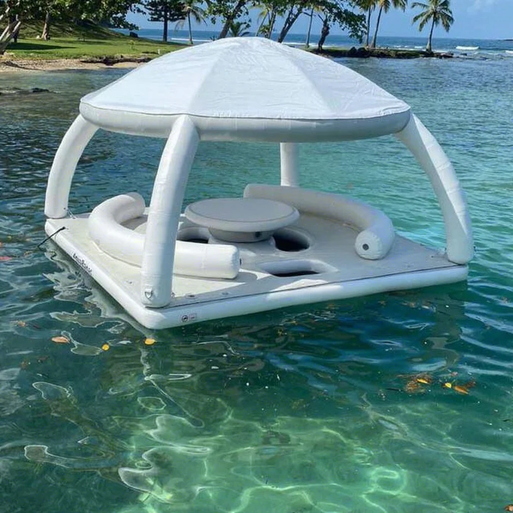 Inflatable Float Dock and Inflatable Tent on Water Float Island Inflatable Platform with Sun Cover Tents Water Table