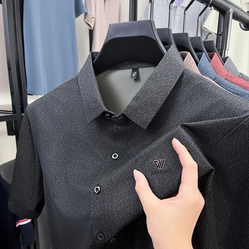 

Designer Brand Men's Lapel Short Sleeve Shirt New Plant Print Ice T-Shirt High End Fashion Gentleman Versatile Business Menswear