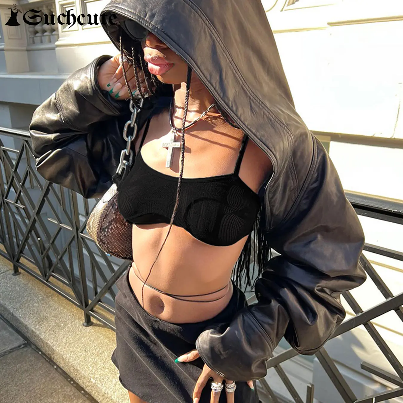 SUCHCUTE Vintage Punk Pu Leather Hooded Cropped Jackets Gothic Long Sleeve Short Coat Y2K Dark Hip Hop Street Outwear Autumn New