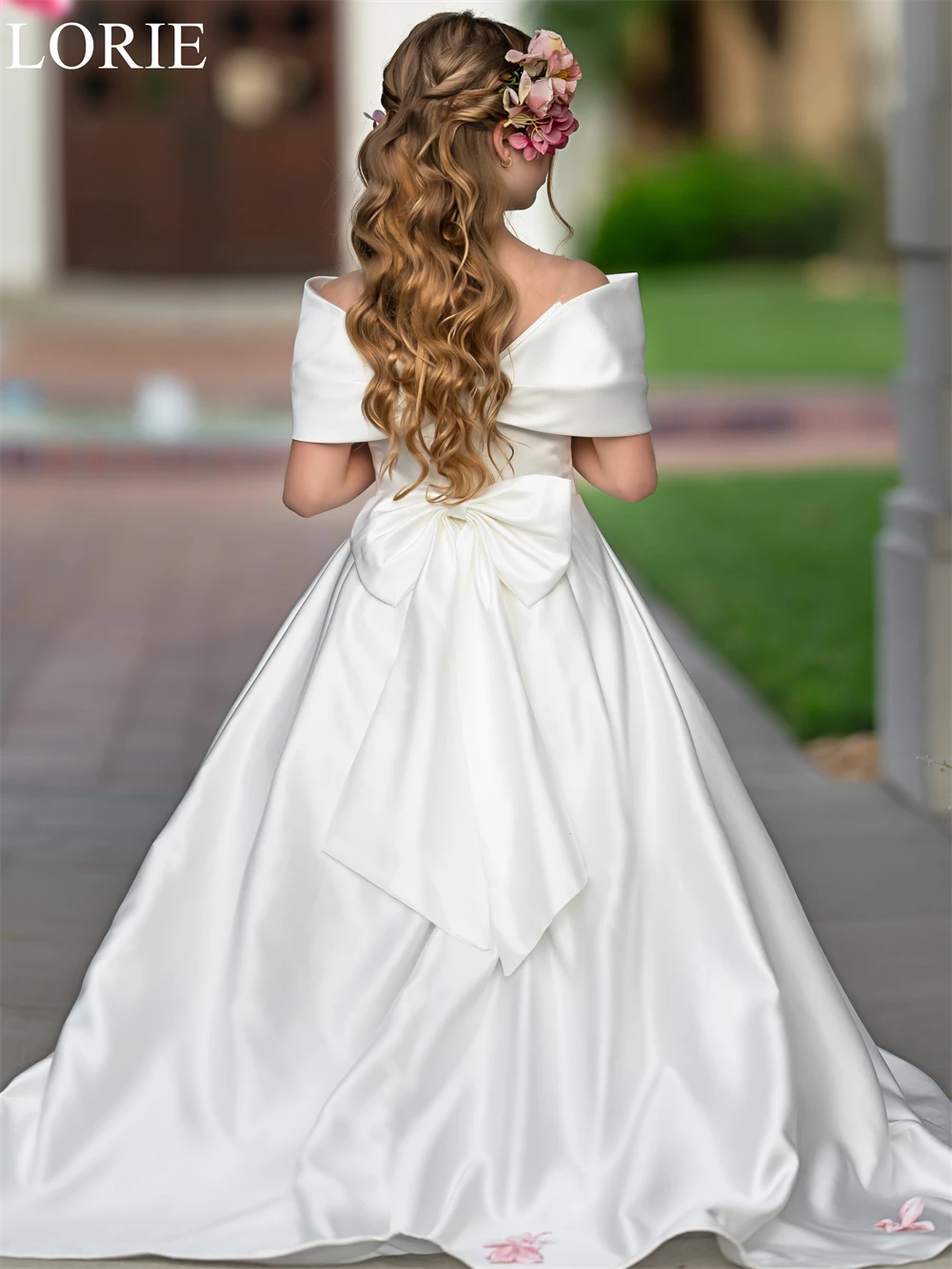 LORIE-vestidos elegantes de flores para niña, vestido de princesa plisado con hombros descubiertos y lazo, vestido de fiesta de boda, vestido de cumpleaños personalizado 2025