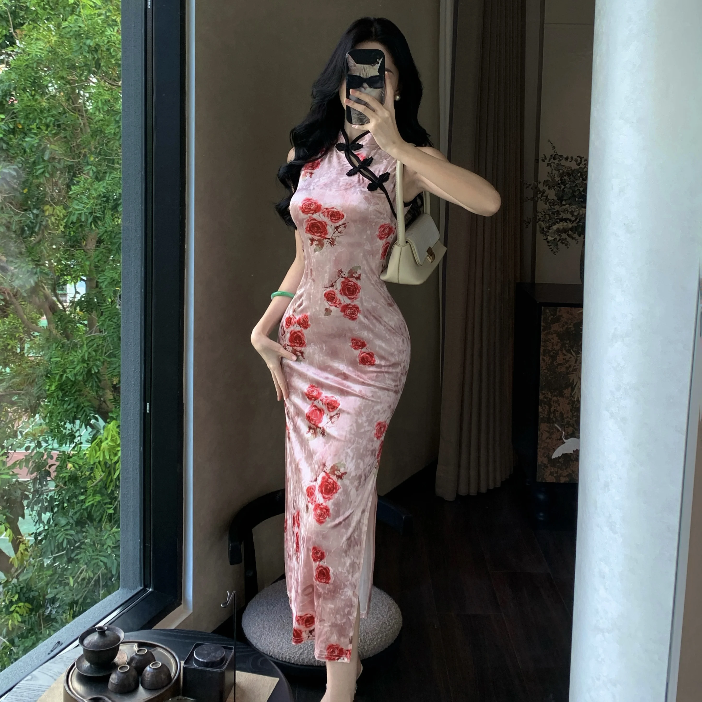 New Chinese Sle Velvet Print Svel Double Slit Bodycon Dr Long Evening Gown High Waist Flag Robe for Young Girls