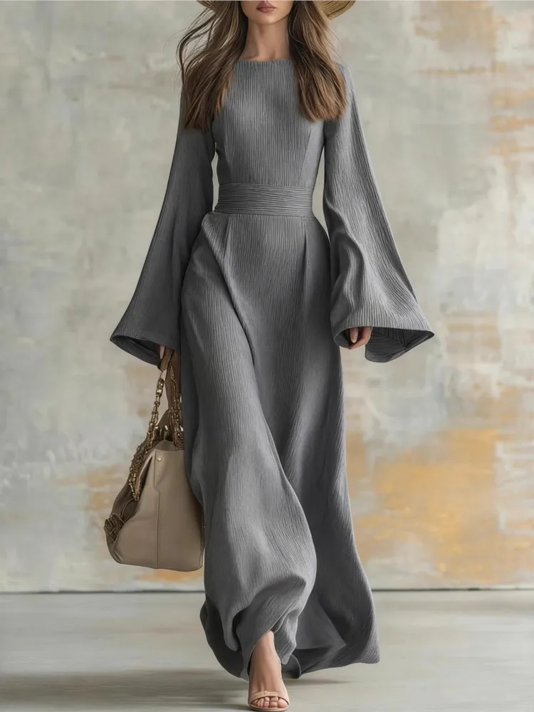 New Spring Elegant Crew Neck Long Dresses Woman Solid Tie-up Bowknot Slim Party Dress Autumn Flare Sleeve Loose Maxi Dress