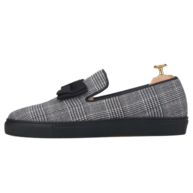 Piergitar Welsh Plaid Fabric Of Handmade Bowknot Men's Boat Shoes For Urban Commuting And Daily Dressing Slip-On Style Sneakers