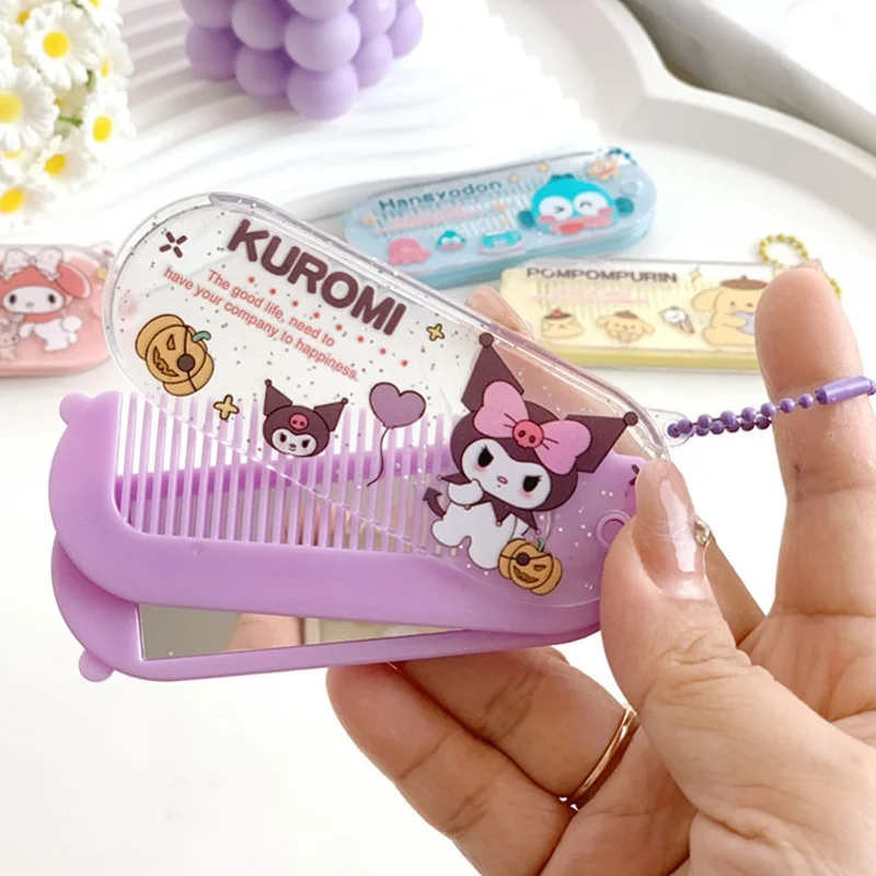 

New Cartoon Sanrio Hello Kitty Folding Mirror&Comb Cinnamoroll Kuromi Melody Mini Portable Makeup Mirror Girls Gifts Kids Toys