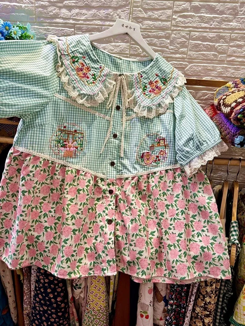 Cotton Linen Floral Plaid Patchwork Lace Babydoll Blouse Women Sweet Lolita Vintage Retro Shabby Chic Sweet Lolita Tops Shirt