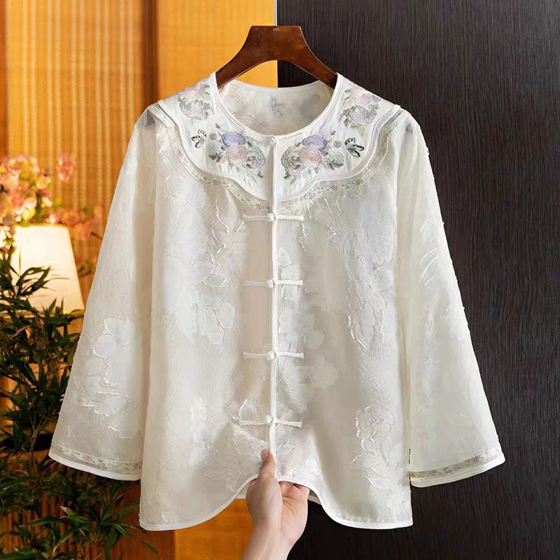

Summer New O- Neck Handmade Button Rayon Scissor Flower Splicing Acetate Fabric Fashion Women's Jacket S-XXL