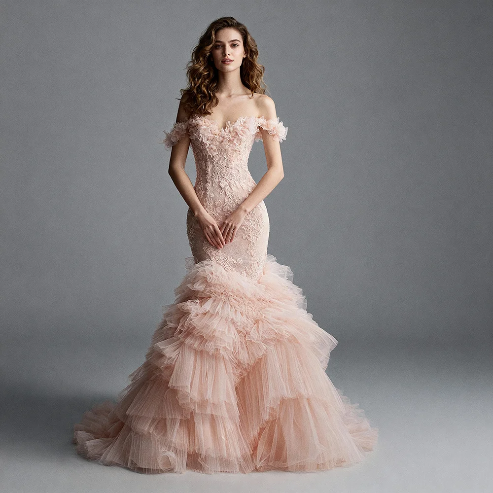 

Tulle Tiered Ruffles Mermaid Wedding Dress for Photo Shoot Bespoke Occasion Dresses for Special Occasions Ball Gown Bridal Dress