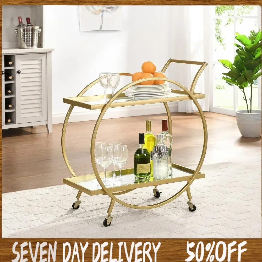 Gold Odessa Bar Cart, 2 Tier Mobile Mini Bar, Kitchen Serving Cart and Coffee Station with Storage for Liquor, Metal and Mirror