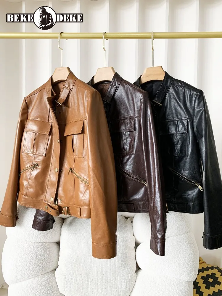 

Office Ladies Zipper Long Sleeves Stand Collar Genuine Leather Short Jacket Fashion Pockets Solid Color Sheepskin Outwear