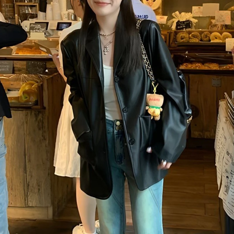 

Spring Summer 2026 New Fashion Style Loose Knee-Length PU Leather Suit Jacket Coat