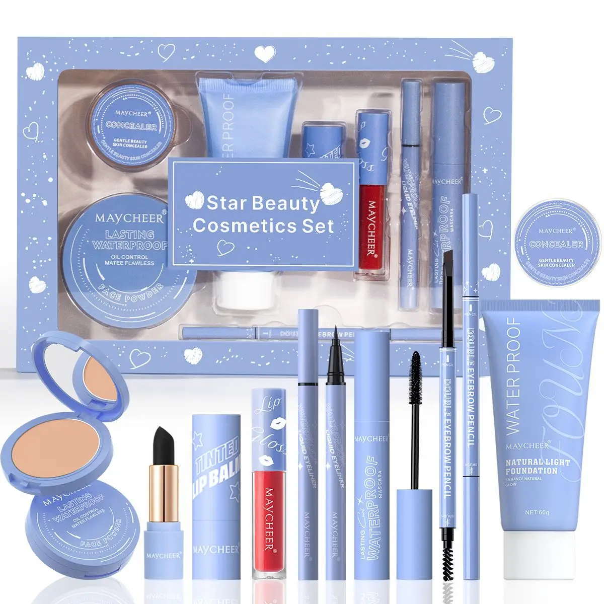 MAYCHEER Star Beauty Kit Mascara Instelling Poeder Lippenstift Lipgloss Eyeliner Wenkbrauwpotlood Foundation Concealer Make-up Cadeauset