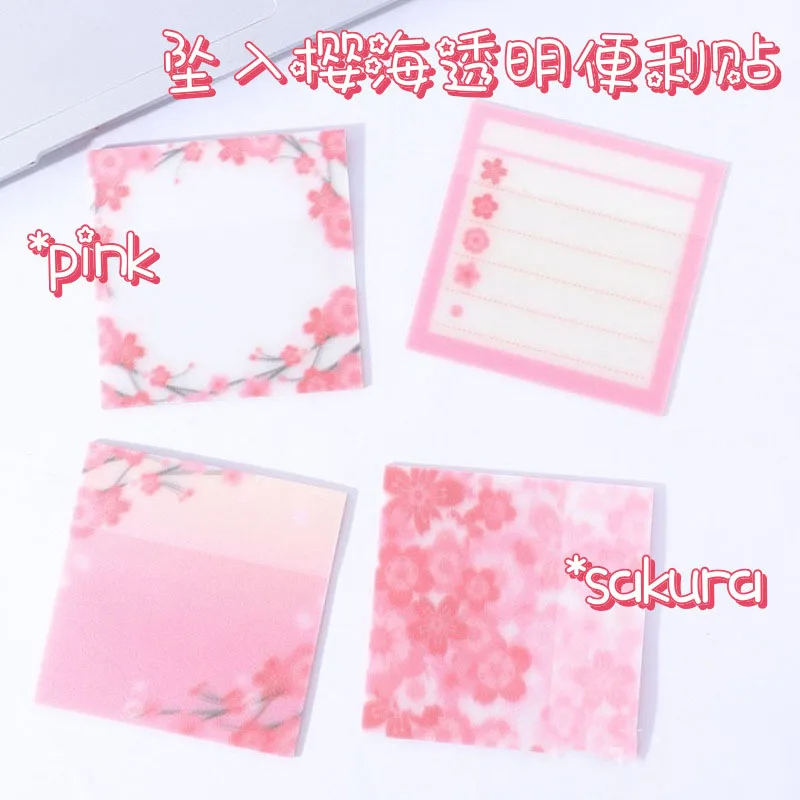 50sheets Cute Sakura Transparent Sticky Notes Waterproof PET Memo Pad for Journal Planner School Office