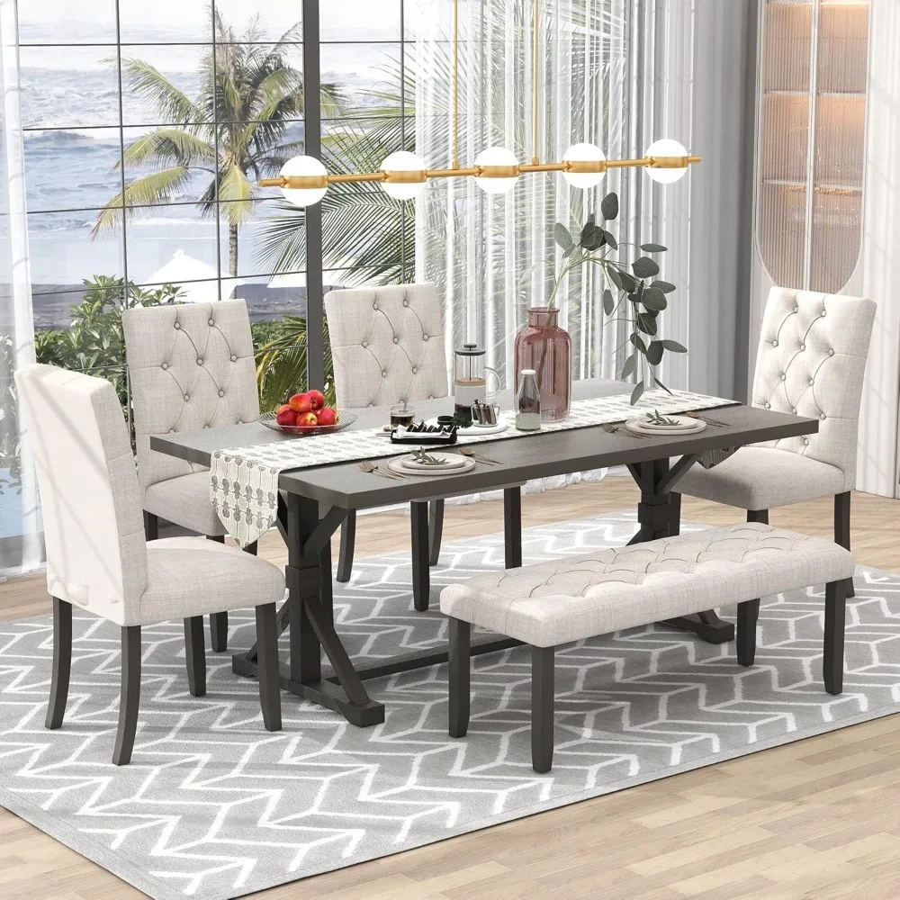 

6-Piece Farmhouse Dining Set – Rectangular Table for 6, 4 Upholstered Chairs & Bench, Kitchen/Dining Room Furniture​