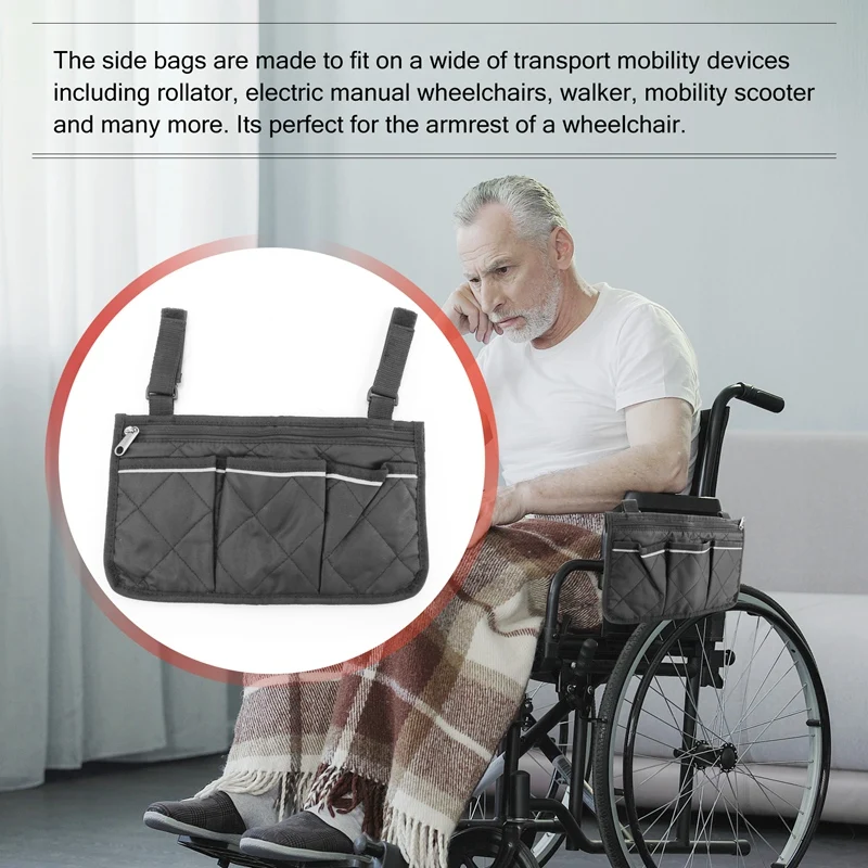 Wheelchair Side Bag For Back Wheelchair Storage Bag Pouch Fits Most Bed Rail Scooters Walker Power & Manual Electric Wheelchair