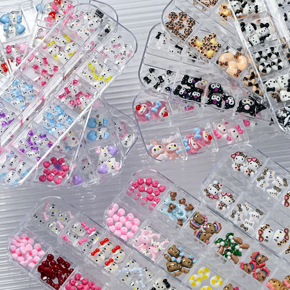 12グリッド/ボックス 3Dグリッター ハローキティ ネイルチャーム 5x7mm ミニ ピンク/レッド/ローズボウ 漫画キティ ネイルアート DIY カワイイ クリスタル KT キャットパーツ