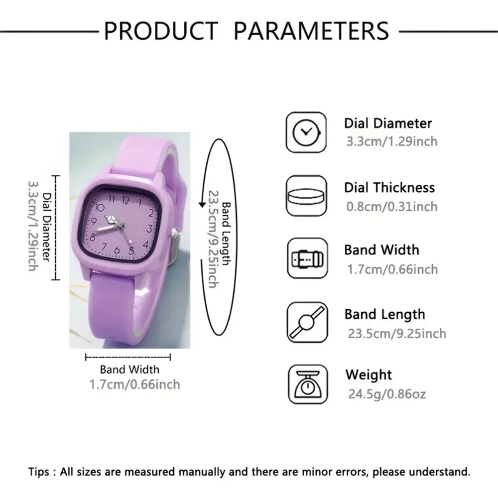 ชุดนาฬิกาควอทซ์ทรงสี่เหลี่ยมที่ลำลองและทันสมัย ​​พร้อมสายซิลิโคนที่ทนทาน ตัวเรือนโลหะผสมสังกะสี การเคลื่อนไหวควอทซ์ พรีซี