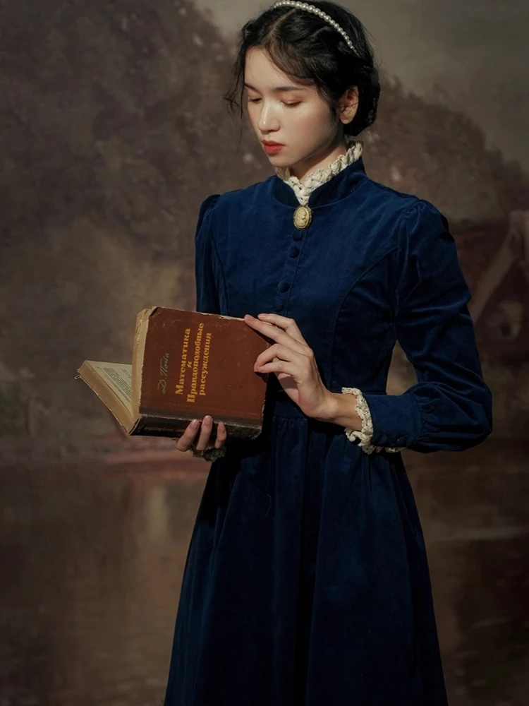 84-92 سنتيمتر تمثال نصفي خريف شتاء فساتين طويلة للنساء الفرنسية خمر أنيقة سليم المحكمة فستان الدانتيل الوقوف طوق القطن سروال قصير #4