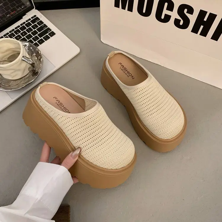 

Women Knitted Platform Clogs Summer Breathable Thick Sole Slip On Shoes Comfortable Casual Sandals Non Slip Outdoor Footwear