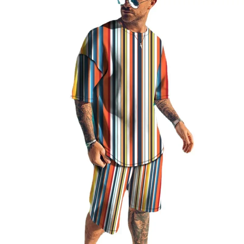 Stripe Digital Printing T-shirt Set Men's Fashion Sports Set Men Clothing Clothes for Men Mens Clothes Tracksuit Ropa Hombre